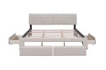 King Size Upholstery Platform Bed with Four Drawers; Beige - Beige