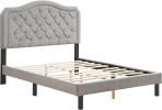 Velvet Button Tufted-Upholstered Bed with Wings Design - Strong Wood Slat Support - Easy Assembly - Light Gray