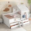 Full Size House Low Loft Bed with Four Drawers - White