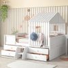 Full Size House Low Loft Bed with Four Drawers - White