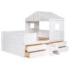 Full Size House Low Loft Bed with Four Drawers - White