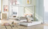 Full Size Canopy Platform Bed with Trundle,With Slat Support Leg - White