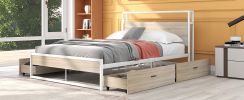 Queen Size Metal Platform Bed Frame with Four Drawers; Sockets and USB Ports ; Slat Support No Box Spring Needed - White