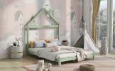 Full Size Wood Platform Bed with House-shaped Headboard  - Green