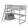 Twin Size Loft Bed with Desk and Shelves;  Two Built-in Drawers - Gray