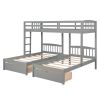 Twin over Twin & Twin Bunk Bed with Two Drawers and Built-in Middle Drawer - Gray