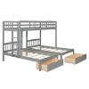 Twin over Twin & Twin Bunk Bed with Two Drawers and Built-in Middle Drawer - Gray