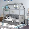 Twin Size House Bed with drawers, Fence-shaped Guardrail, Gray - Gray