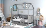 Twin Size House Bed with drawers, Fence-shaped Guardrail, Gray - Gray