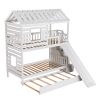 Twin over Twin House Bunk Bed with Trundle and Slide ; Storage Staircase; Roof and Window Design - White