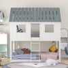 Twin over Twin Size Low Bunk Beds with Roof and Fence-shaped Guardrail, White - White