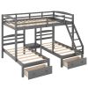 Full over Twin & Twin Bunk Bed,Triple Bunk Bed with Drawers, Gray - Gray