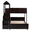 Stairway Twin Over Full Bunk Bed;  House Bed with Two Shelves and Seven Drawers - Espresso