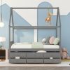 Full size Wooden House Bed with Trundle and 3 Storage Drawers - Grey