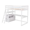 Twin Size Loft Bed with Desk and Shelves;  Two Built-in Drawers - White