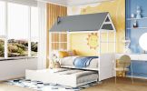 Twin Size Wood House Bed With Twin Size Trundle, Wooden Daybed - White+Gray