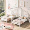 Double Twin Size Triangular House Beds with Built-in Table - White