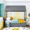 Twin Size Wood House Bed With Twin Size Trundle, Wooden Daybed - Gray