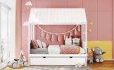 Twin Size Wood House Bed With Twin Size Trundle, Wooden Daybed - White