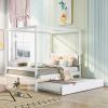 Full Size Canopy Platform Bed with Trundle,With Slat Support Leg - White