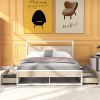 Queen Size Metal Platform Bed Frame with Four Drawers; Sockets and USB Ports ; Slat Support No Box Spring Needed - White