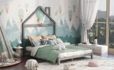 Full Size Wood Platform Bed with House-shaped Headboard  - Gray