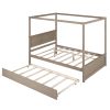 Wood Canopy Bed with Trundle Bed ; Full Size Canopy Platform bed With Support Slats .No Box Spring Needed - Light Brown