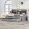 Twin Size Wooden Captain Bed with Built-in Bookshelves; Three Storage Drawers and Trundle - Grey