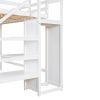 Full Size Loft Bed with Built-in Storage Wardrobe and Staircase - White