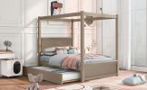 Wood Canopy Bed with Trundle Bed ; Full Size Canopy Platform bed With Support Slats .No Box Spring Needed - Light Brown