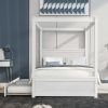 Wood Canopy Bed with Trundle Bed ; Full Size Canopy Platform bed With Support Slats .No Box Spring Needed - White