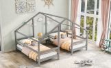 Double Twin Size Triangular House Beds with Built-in Table,Gray - Gray