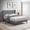 Velvet Button Tufted-Upholstered Bed with Wings Design - Strong Wood Slat Support - Easy Assembly - Dark Gray