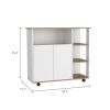 Paprika Kitchen Cart; Four Casters ; Four Open Shelves; Double Door Cabinet -Light Oak / White - as Pic