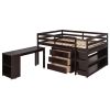 Low Study Full Loft Bed with Cabinet ; Shelves and Rolling Portable Desk ; Multiple Functions Bed - Espresso