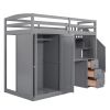 Twin Size Loft Bed with Wardrobe and Staircase;  Desk and Storage Drawers and Cabinet in 1 - Gray