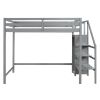 Full Size Loft Bed with Built-in Storage Wardrobe and Staircase - Gray