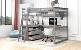 Full Size Loft Bed with Desk and Shelves; Two Built-in Drawers - Gray