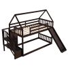 Twin over Twin House Bunk Bed with Slide and Storage Staircase - Espresso