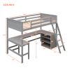 Twin size Loft Bed with Shelves and Desk;  Wooden Loft Bed with Desk - Gray