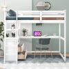 Full Size Loft Bed with Desk and Shelves; Two Built-in Drawers - White