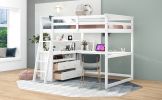 Full Size Loft Bed with Desk and Shelves; Two Built-in Drawers - White