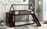 Twin over Twin House Bunk Bed with Slide and Storage Staircase - Espresso