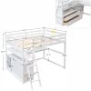 Full Size Loft Bed with Desk and Shelves; Two Built-in Drawers - White