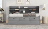 Twin Size Wooden Captain Bed with Built-in Bookshelves; Three Storage Drawers and Trundle - Grey