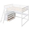 Full Size Loft Bed with Desk and Shelves; Two Built-in Drawers - White