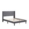 Velvet Button Tufted-Upholstered Bed with Wings Design - Strong Wood Slat Support - Easy Assembly - Dark Gray