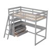 Twin Size Loft Bed with Desk and Shelves;  Two Built-in Drawers - Gray