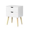 Side Table with 2 Drawer and Rubber Wood Legs;  Mid-Century Modern Storage Cabinet for Bedroom Living Room Furniture;  White - White