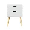 Side Table with 2 Drawer and Rubber Wood Legs;  Mid-Century Modern Storage Cabinet for Bedroom Living Room Furniture;  White - White